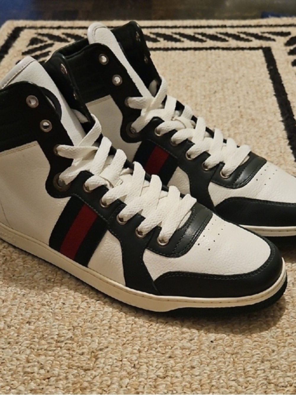 Gucci White and Black High-Top Sneakers with Red and Green Stripe